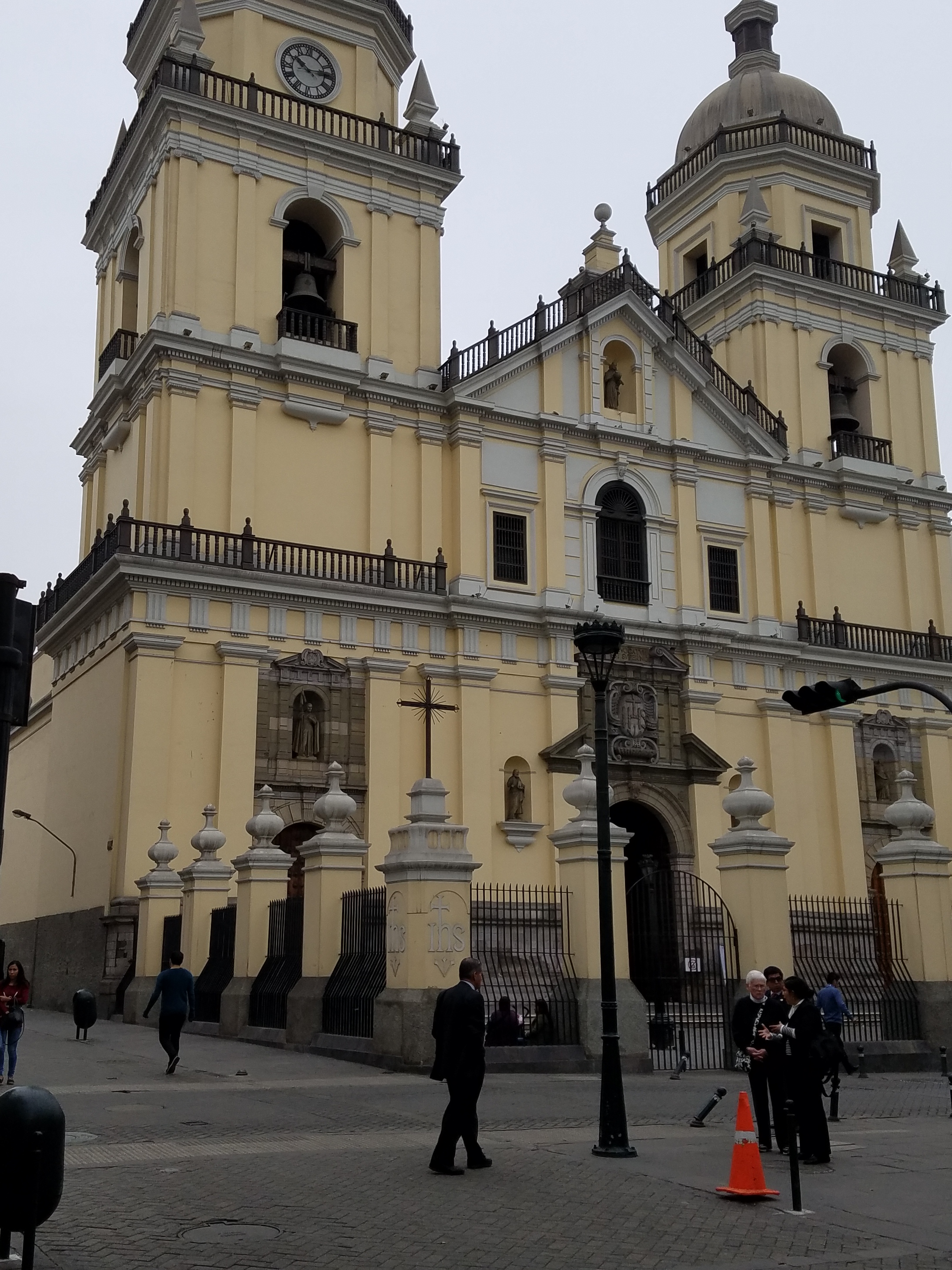 The Basilica Cathedral of Lima located on the Plaza Mayor in downtown Lima. Construction on the cathedral, which is dedicated to the apostle Saint John the Evangelist, began in 1535; the structure has undergone many expansions and transformations over the ensuing centuries.