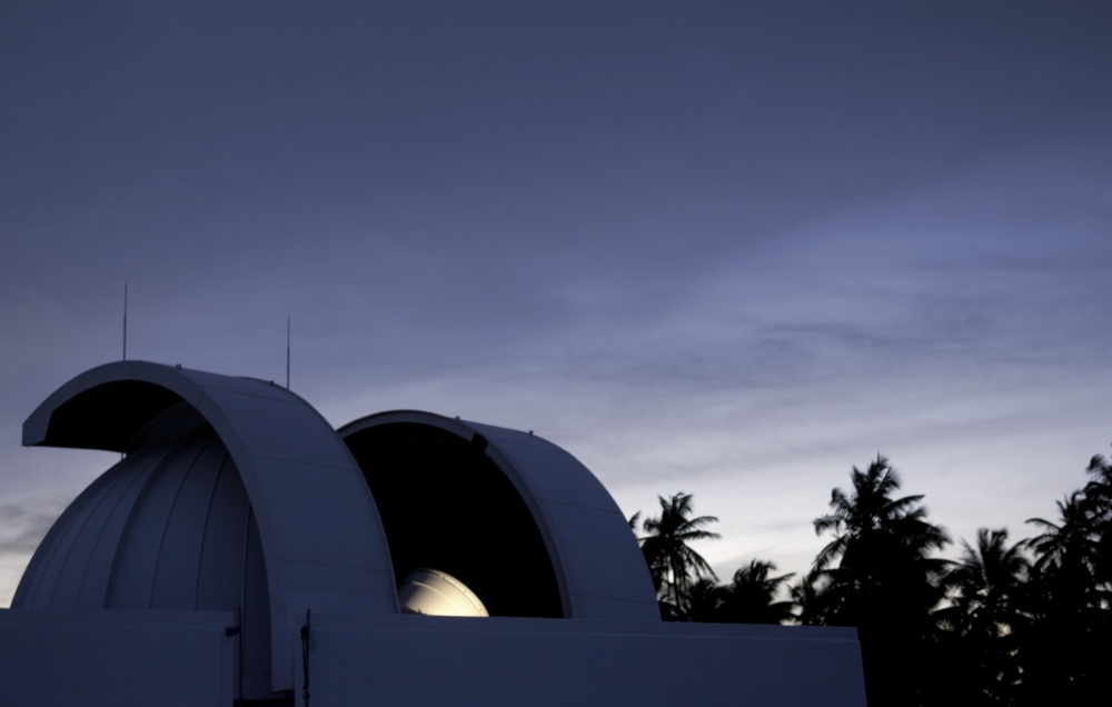 The dome of a one-meter telescope opens as it prepares to view and track space objects. The telescope is located at the Ground Based Electro-optical Deep Space Surveillance System in Diego Garcia. The site is responsible for tracking thousands of man-made objects in deep space - 10,000 to 45,000 km from earth. Photo courtesy of US Air Force photo/Senior Airman Brian Ferguson.