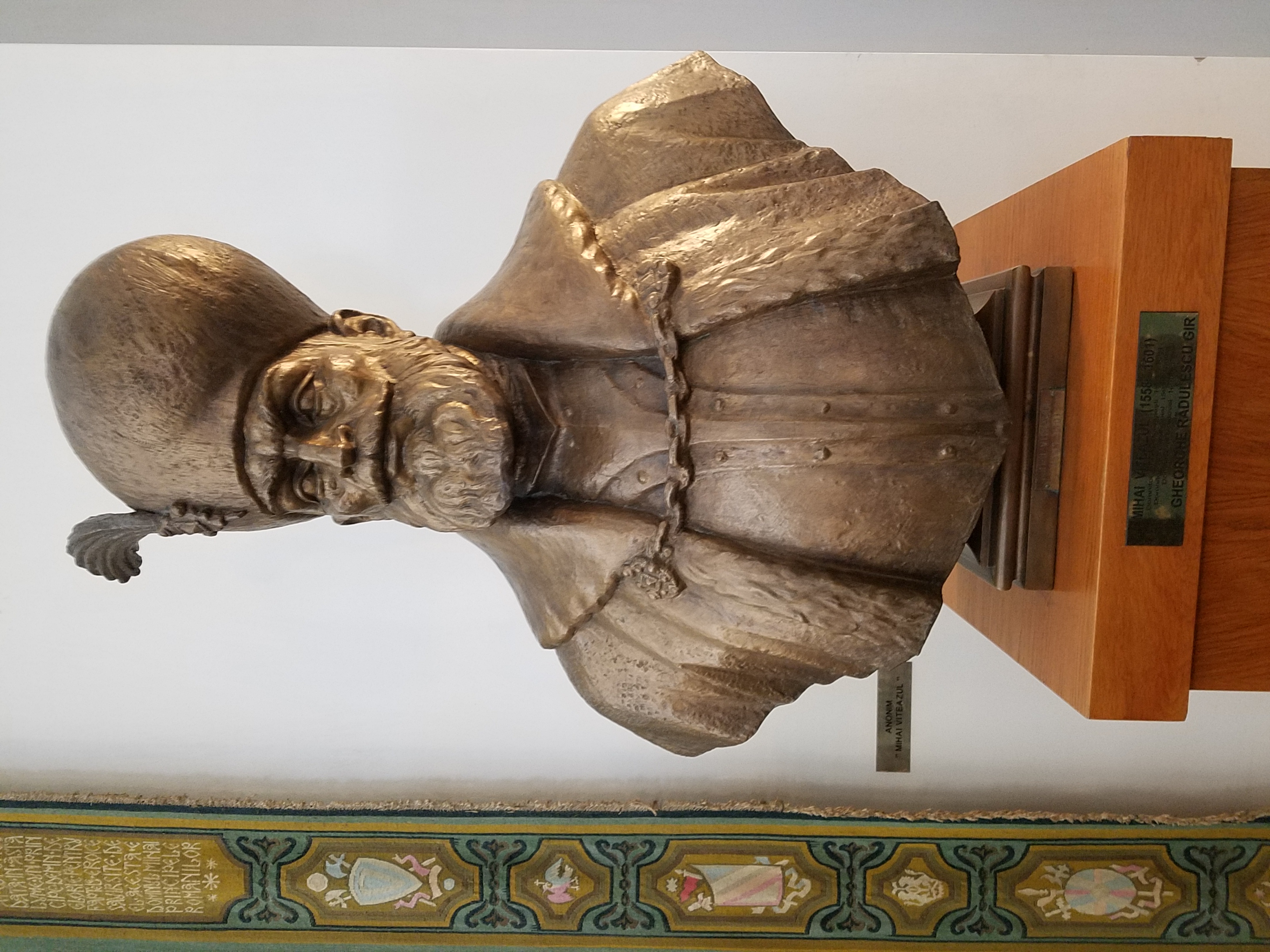 Bust of Mihai Viteazul (1558-1601), also known as Michael the Brave, in the Palace of the People. Mihai was a successful military leader, defeating the Turks on many occasions.  He was Prince of Wallachia (1593–1601), and briefly Prince of Moldavia (1600) and de facto ruler of Transylvania (1599–1600). Considered one of Romania's greatest national heroes, his short-lived unification of the three principalities is seen as a precursor to the complete unification of Romania that did not occur until the 20th century.