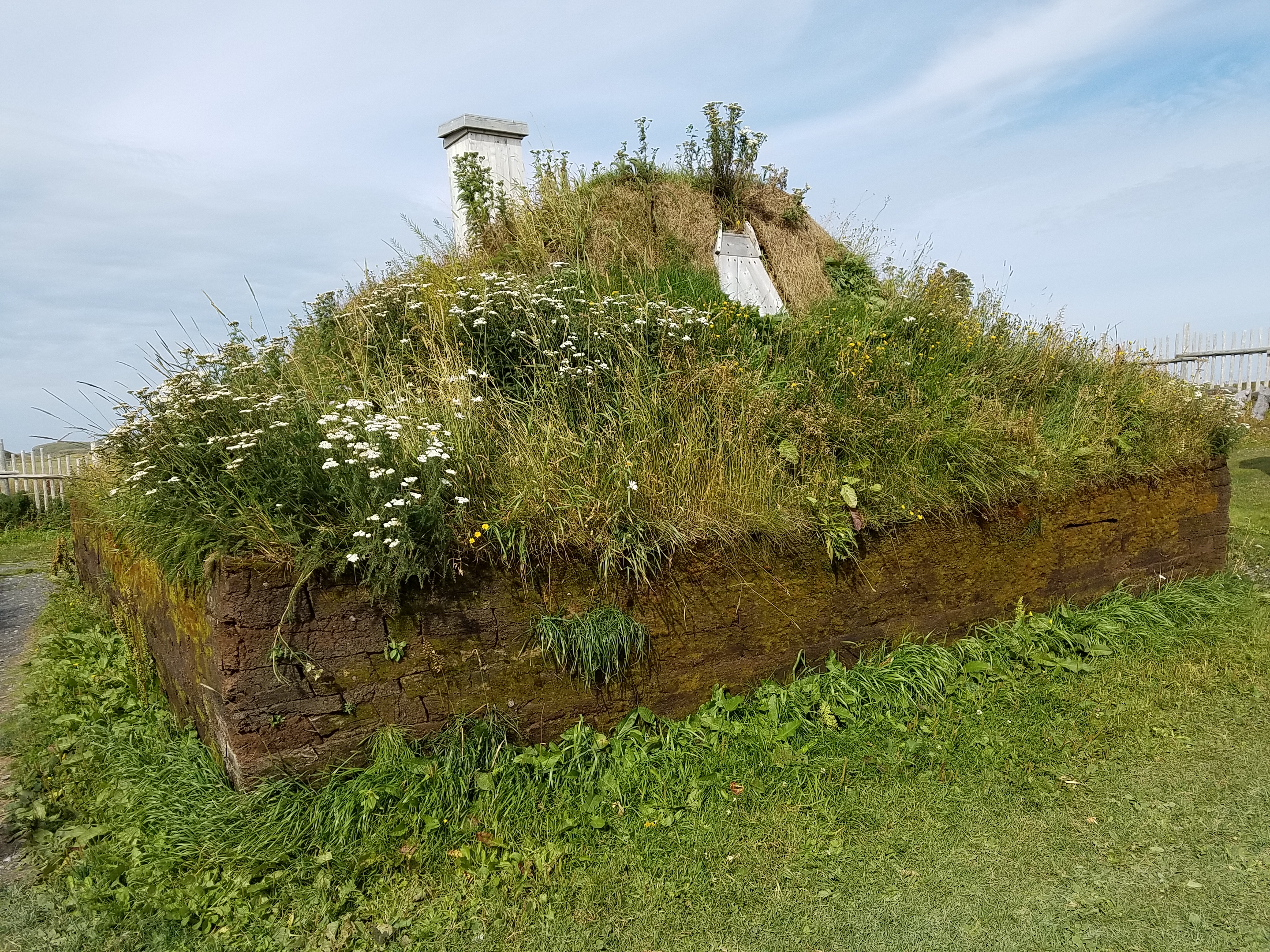 Another view of a replica Norse sod longhouse, north of the archaeological site at L’Anse Aux Meadows.