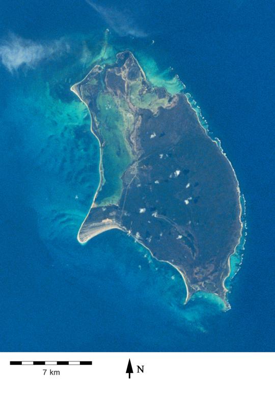 Barbuda as viewed from space. The island, which lies north of Antigua, is mostly coral limestone and exhibits little topographic variation; its highest point is only 38 meters above sea level. Barbuda is sparcely inhabited compared to its sister island. Photo courtesy of NASA. 