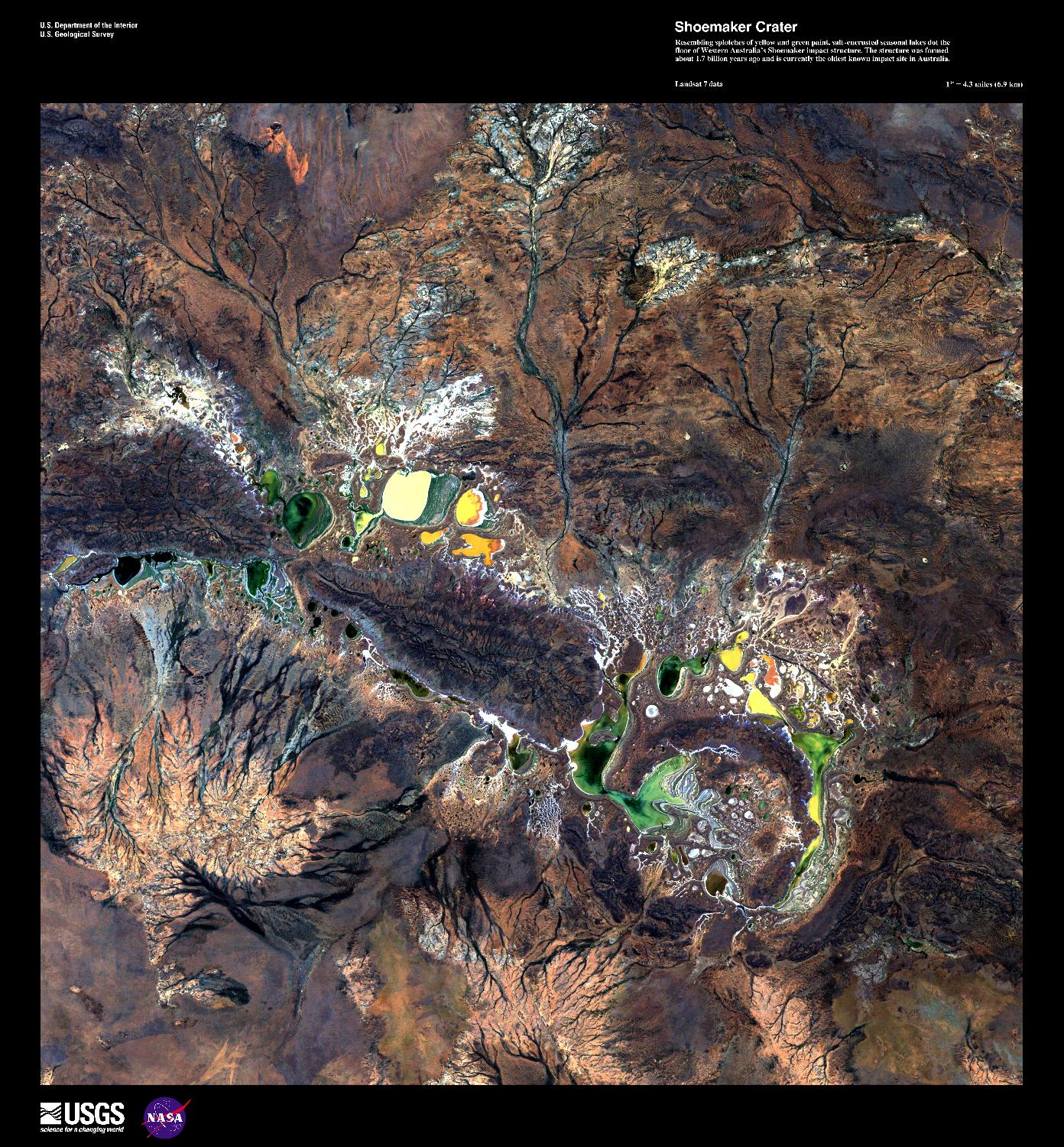 Resembling splotches of yellow and green paint, salt-encrusted seasonal lakes - the largest of which is Lake Teague - dot the floor of the Shoemaker impact crater in this enhanced satellite image. Formerly known as the Teague Ring, the structure was formed about 1.7 billion years ago and is currently the oldest known impact site in Australia. Image courtesy of USGS.