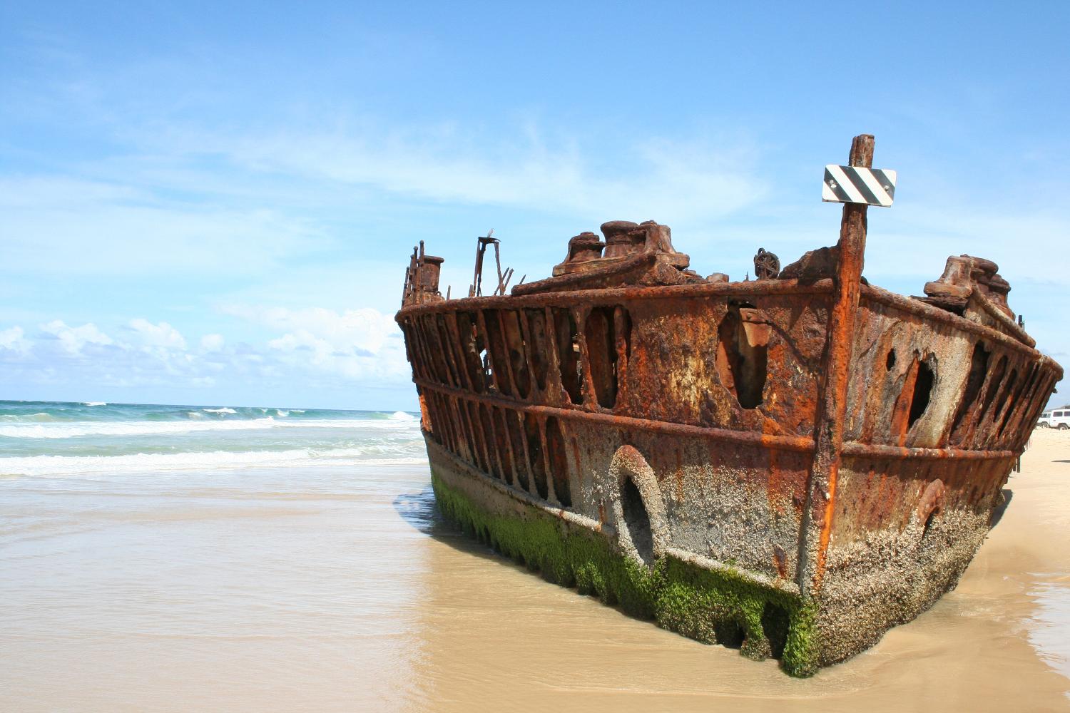 Wreck of the Maheno, Fraser Island. Caught in a winter cyclone in 1935, this ship was driven ashore onto the world's largest sand island, a World Heritage Site.