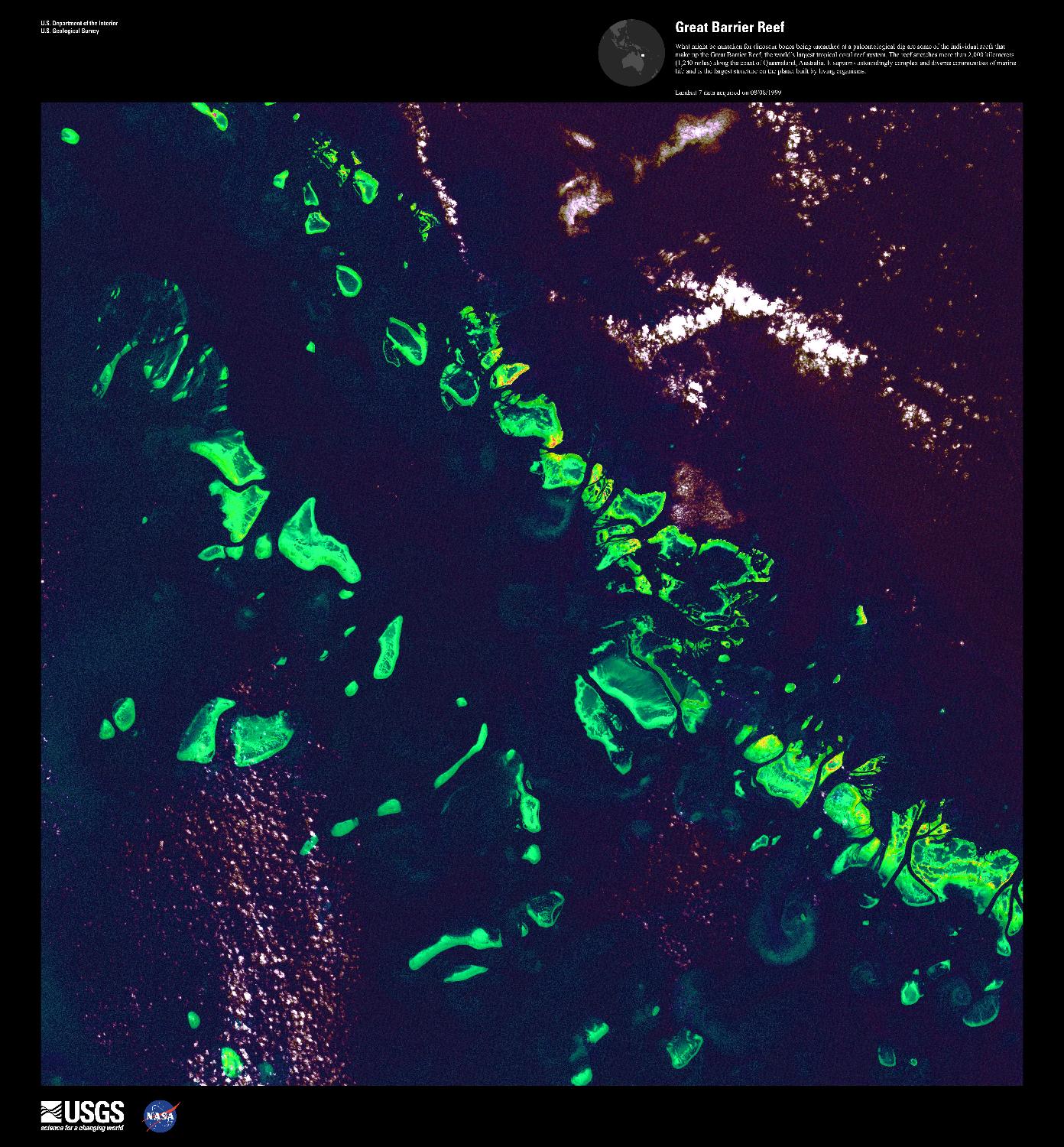 What might be mistaken for dinosaur bones being unearthed at a paleontological dig in this false color satellite image are some of the individual reefs that make up the Great Barrier Reef, the world's largest tropical coral reef system. The reef stretches more than 2,000 km (1,240 mi) along the coast of Queensland and is a UNESCO World Heritage Site. It supports astoundingly complex and diverse communities of marine life and is the largest structure on the planet built by living organisms. Image courtesy of USGS.