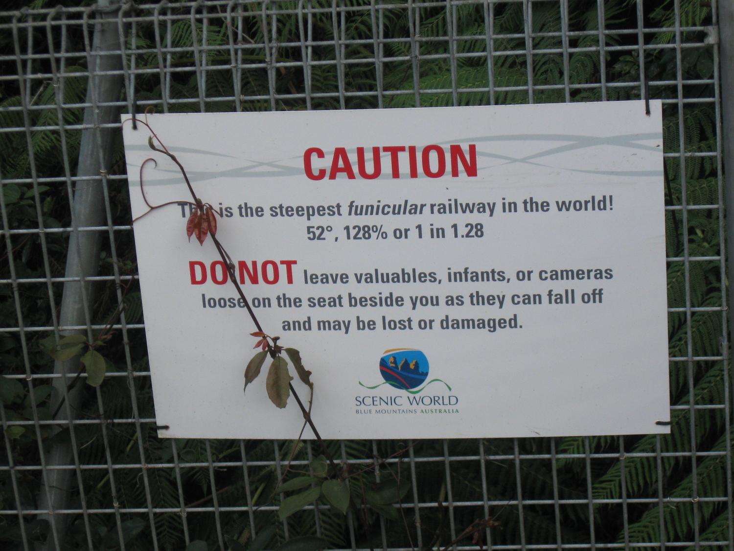 Warning sign posted at the Blue Mountains funicular railway.