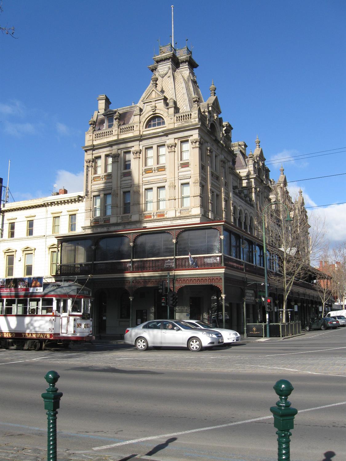 Another view of the Bendigo Shamrock Hotel and its unique two-story veranda. 