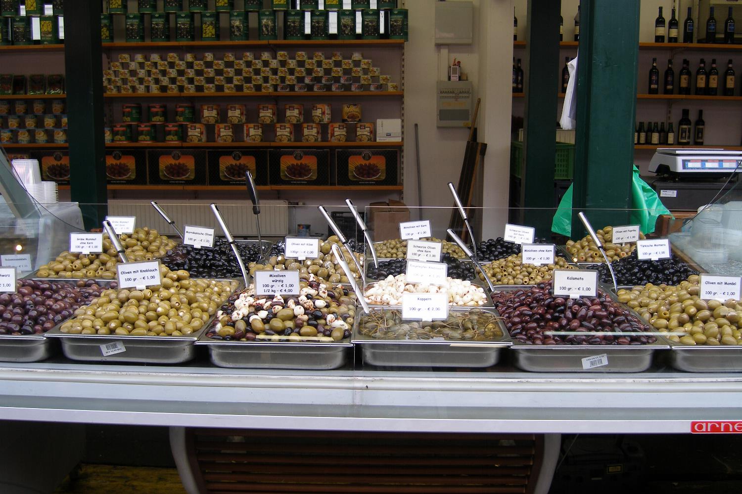 A diverse selection of olives at Vienna's eclectic Naschmarkt. 