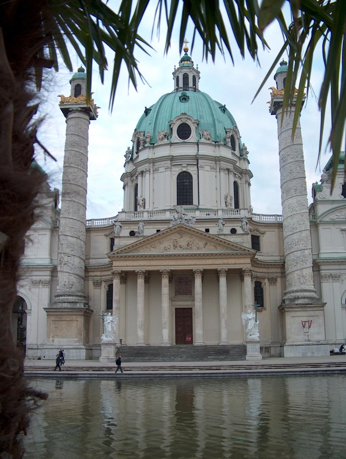 The Karlskirche (St. Charles Borromeo Church) in Vienna, is flanked by two massive spiral columns, modeled after Trajan's Column in Rome. 