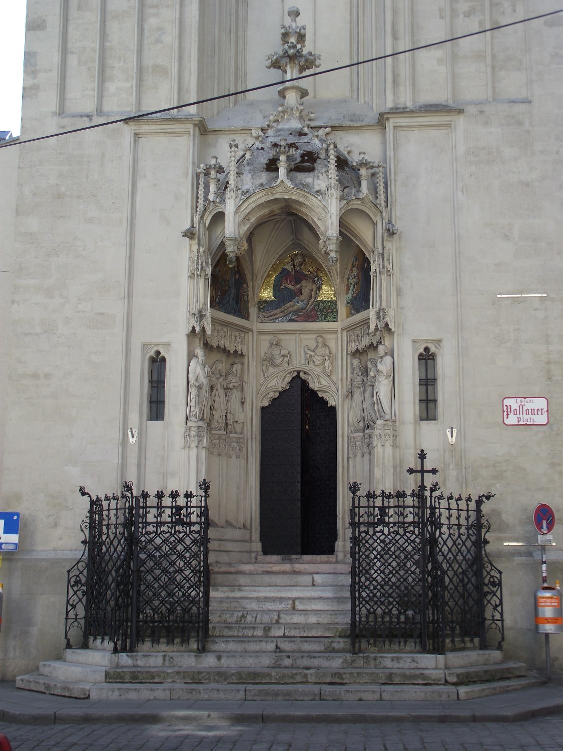 Entrance to the church Maria am Gestade (St. Mary on the Strand) in Vienna. First mentioned in documents from 1158, the present structure (built between 1394 and 1414) is one of the oldest buildings and one of the few surviving examples of Gothic architecture in the city. 