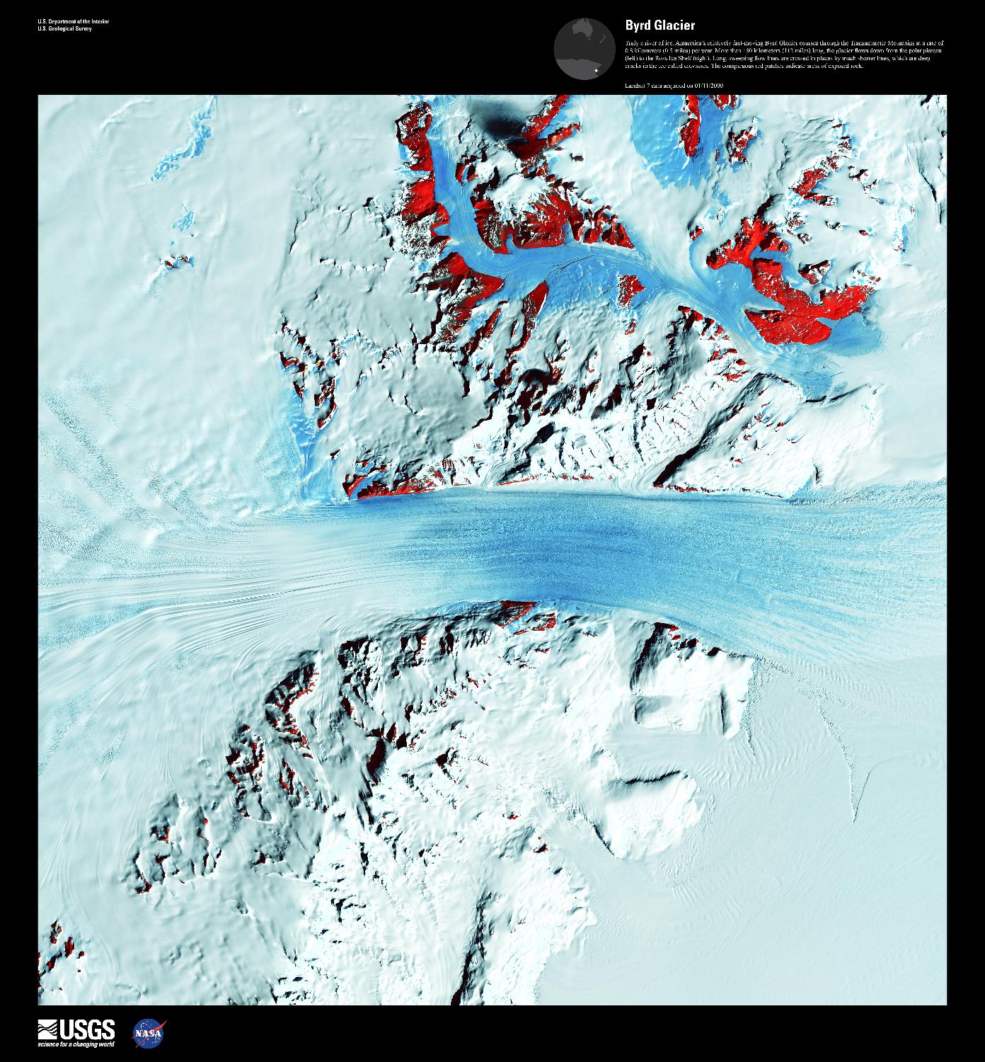 Truly a river of ice, Antarctica's relatively fast-moving Byrd Glacier courses through the Transantarctic Mountains at a rate of 0.8 km (0.5 mi) per year. More than 180 km (112 mi) long, the glacier flows down from the polar plateau (left) to the Ross Ice Shelf (right) in this false-color satellite image. Long, sweeping flow lines are crossed in places by much shorter lines, which are deep cracks in the ice called crevasses. The conspicuous red patches indicate areas of exposed rock. The glacier was named for Rear Admiral Byrd, US Navy, who was an Antarctic explorer. Image courtesy of USGS.