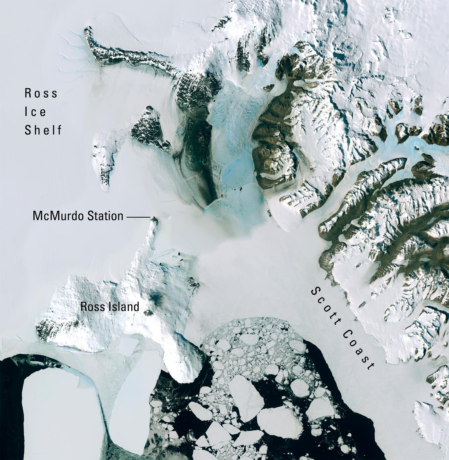 A natural-color image displays McMurdo Station, the largest research base in Antarctica, as well as the surrounding region. Ross Island is roughly 72 km (45 mi) across at its widest point. Photo courtesy of NASA.