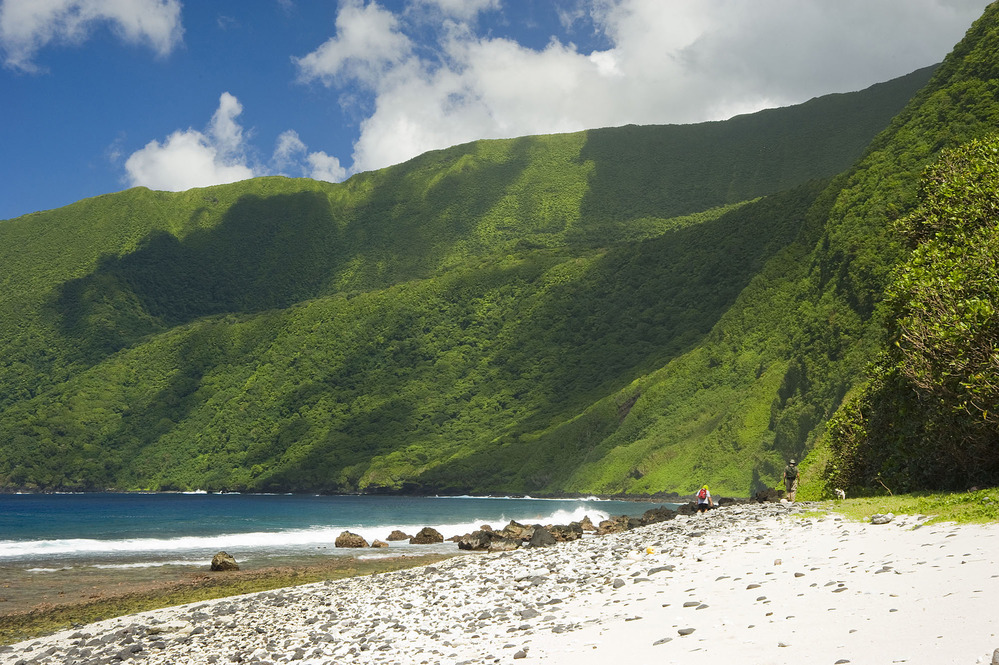 Si'u Point is a good place to view the south coast of Ta'u. Some of the tallest sea cliffs in the world stairstep over 900 m (3,000 ft) to the summit of Lata Mountain. Photo courtesy of the US National Park Service.