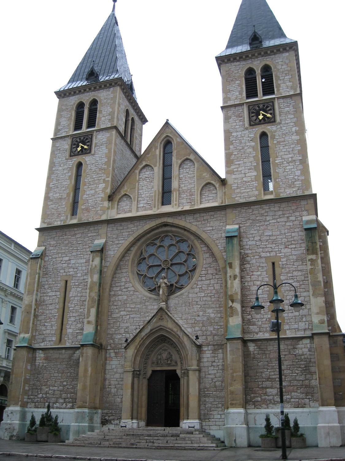 The Cathedral of Jesus' Heart is the largest cathedral in Bosnia and Herzegovina and is the center of Catholic worship in the city of Sarajevo. Located in the Old Town district, the church was constructed between 1884 and 1889 in the Neo-Gothic style, but displays Romanesque elements. Damaged during the Siege of Sarajevo (1992-1994), it has been completely restored.