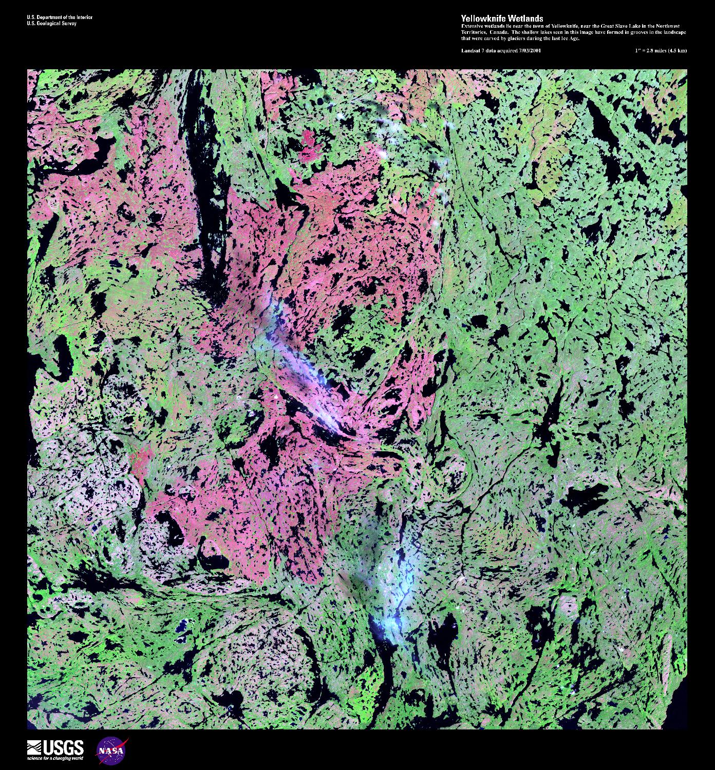 Extensive wetlands lie near the town of Yellowknife, just north of Great Slave Lake in the Northwest Territories. The hundreds of shallow lakes, shown as black in this false-color satellite image, have formed in grooves in the landscape that were carved by glaciers during the last Ice Age. The red in this image could represent grass or marshland, while the green is taller vegetation, such as shrubs and trees. Image courtesy of USGS.