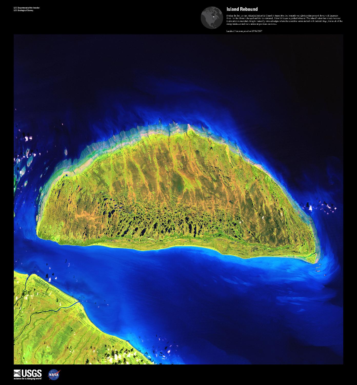 During the last ice age, Akimiski Island in the James Bay lay beneath vast glaciers that pressed down with immense force. As the climate changed and the ice retreated, Akimiski began a gradual rebound. The island's slow but steady increase in elevation is recorded along its naturally terraced edges in this false-color satellite image where the coastline seems etched with bathtub rings, the result of the rising landmass and wave action at previous sea levels. Image courtesy of USGS.