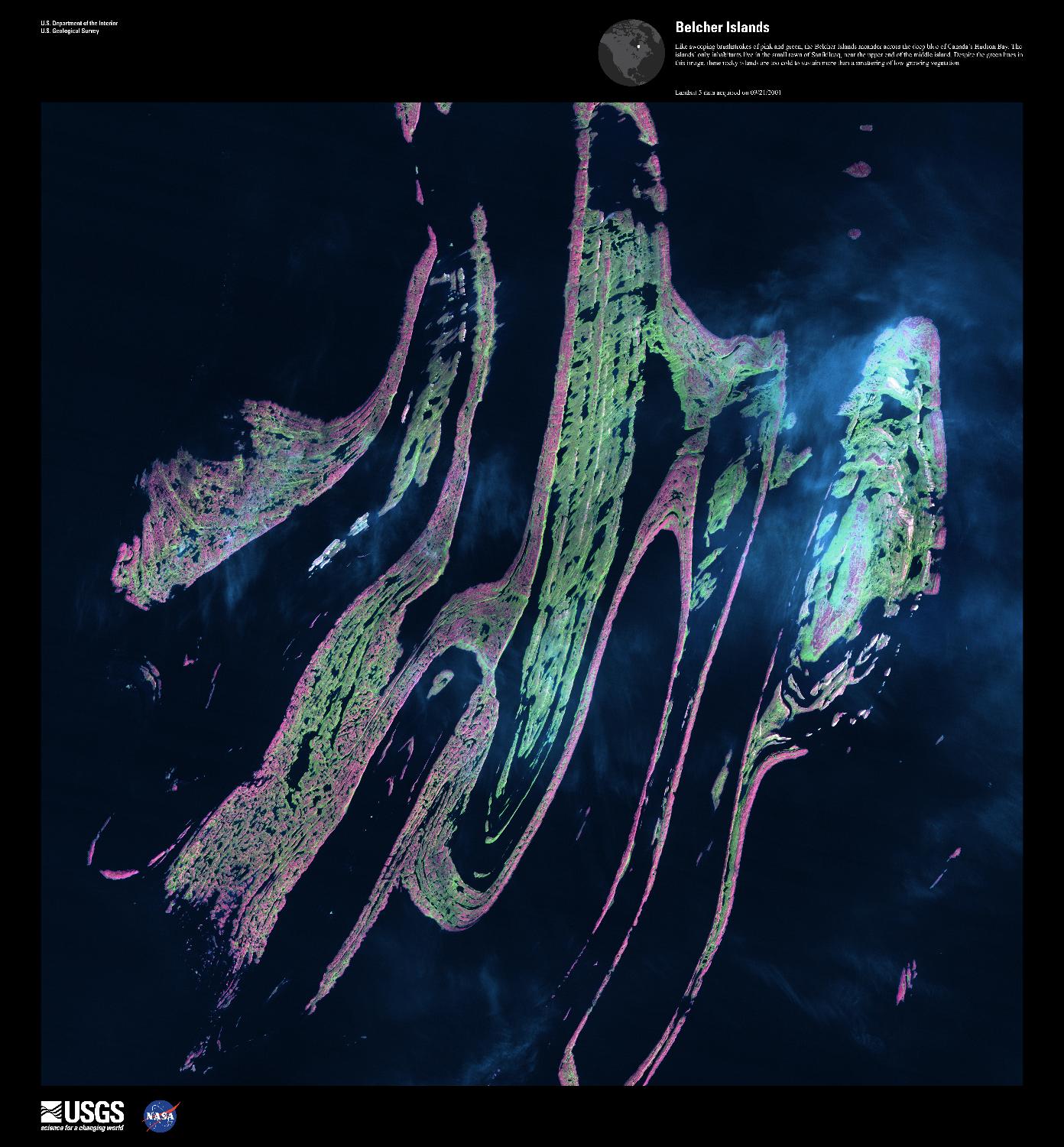 Like sweeping brushstrokes of pink and green, the Belcher Islands meander across the deep blue of the James Bay portion of the Hudson Bay. The islands shown in this enhanced satellite image are part of the Belcher archipelago, which is comprised of approximately 1,500 islands and covers an area of 3,000 sq km (1,160 sq mi). The islands' only inhabitants live in the small town of Sanikiluaq, near the upper end of the middle island. Despite the green hues in this image, these rocky islands are too cold - and the soil is too thin - to sustain more than a smattering of low-growing vegetation. Image courtesy of USGS.