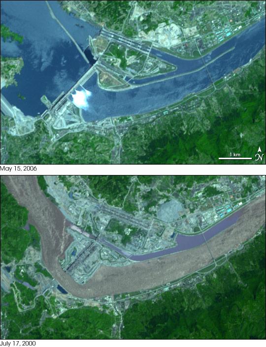 Construction of the Three Gorges Dam on the Yangtze River in central China. On 15 May 2006, Chinese engineers were pouring the last of the concrete to finish the construction of the massive dam, which is designed to provide flood control and to be the largest electricity-generating plant in the world. By 15 May 2006, the dam spanned the entire river, and a large reservoir had filled behind it to the northwest. White spray shoots through gates in the center portion of the dam. The former locks are much less prominent, and the new ones to the north appear as a linear arrangement of thin, blue rectangles. Photos courtesy of NASA.
