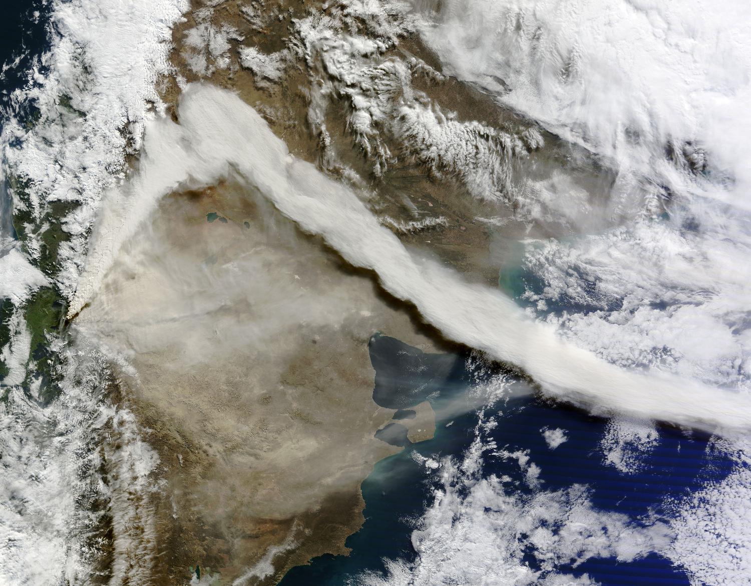 A NASA image taken on the morning of 6 June 2011 shows a large ash plume emanating from Chile's Puyehue-Cordon Caulle volcano. Reaching an altitude of approximately 12,000 - 15,000 m (40,000 - 45,000 ft), the ash cloud drifted north along the Andes. A shift in the prevailing winds then caused the prominent kink visible in the plume. The last major eruption in the Cordon Caulle rift zone occurred in 1960. 
Image courtesy of NASA.