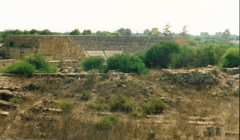 The earliest archeological finds at Salamis, on the east coast of Cyprus, date to the 11th century B.C. The amphitheater in the distance is from later Roman times.