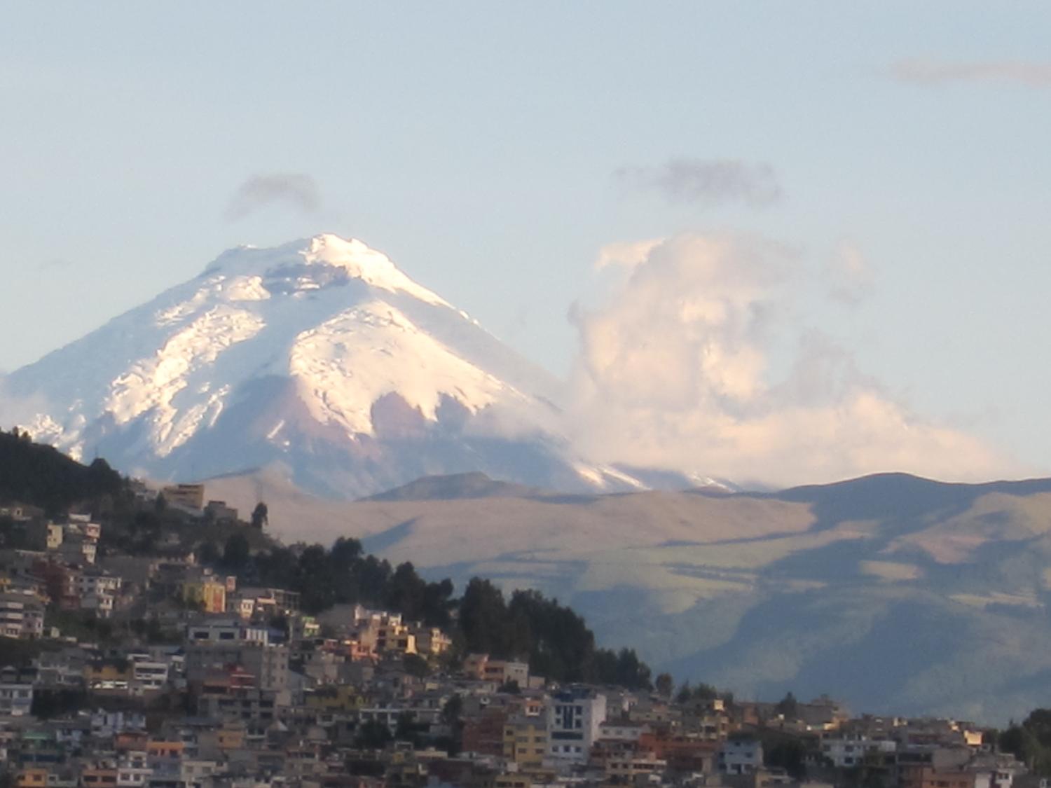 Located 28 km (17 mi) from Quito is snow-capped Cotopaxi, a volcano that last erupted in the 1940s.  It is the second highest peak in the country, reaching a height of 5,897 m (19, 347 ft).
