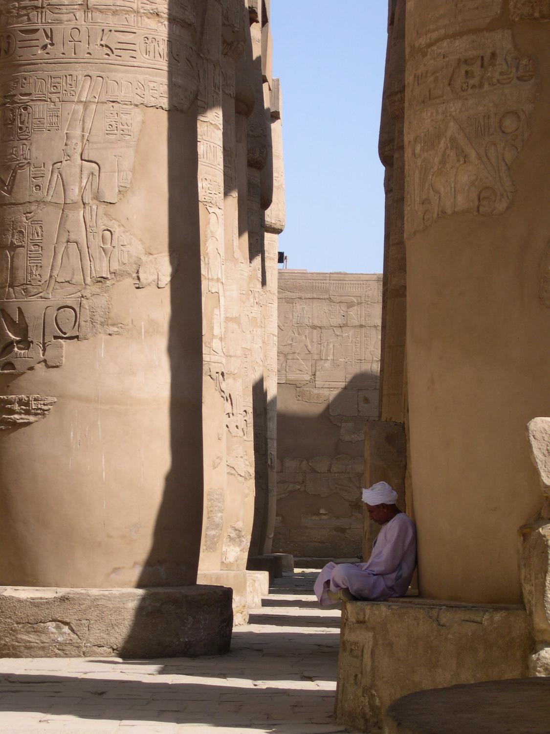 Some of the 134 columns in 16 rows that previously supported the roof of the Great Hypostyle Hall at Karnak.