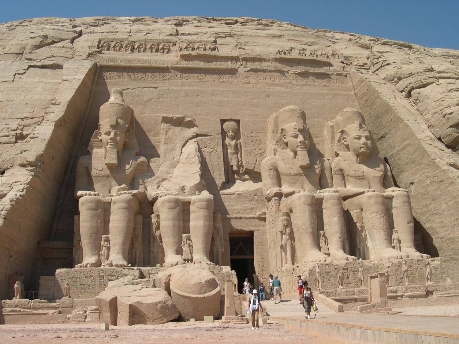 Statues of the Pharaoh Ramses II at Abu Simbel, a twin temple to the Temple of Queen Nefertari in Nubia (southern Egypt) that was carved out of a mountainside in the 13th century B.C. The temple complex was meant to proclaim the might of Egypt to its southern neighbors and to reinforce the status of Egypt's religion in the region. Considered to be one of the most beautiful sites in Egypt, it is a popular tourist destination.