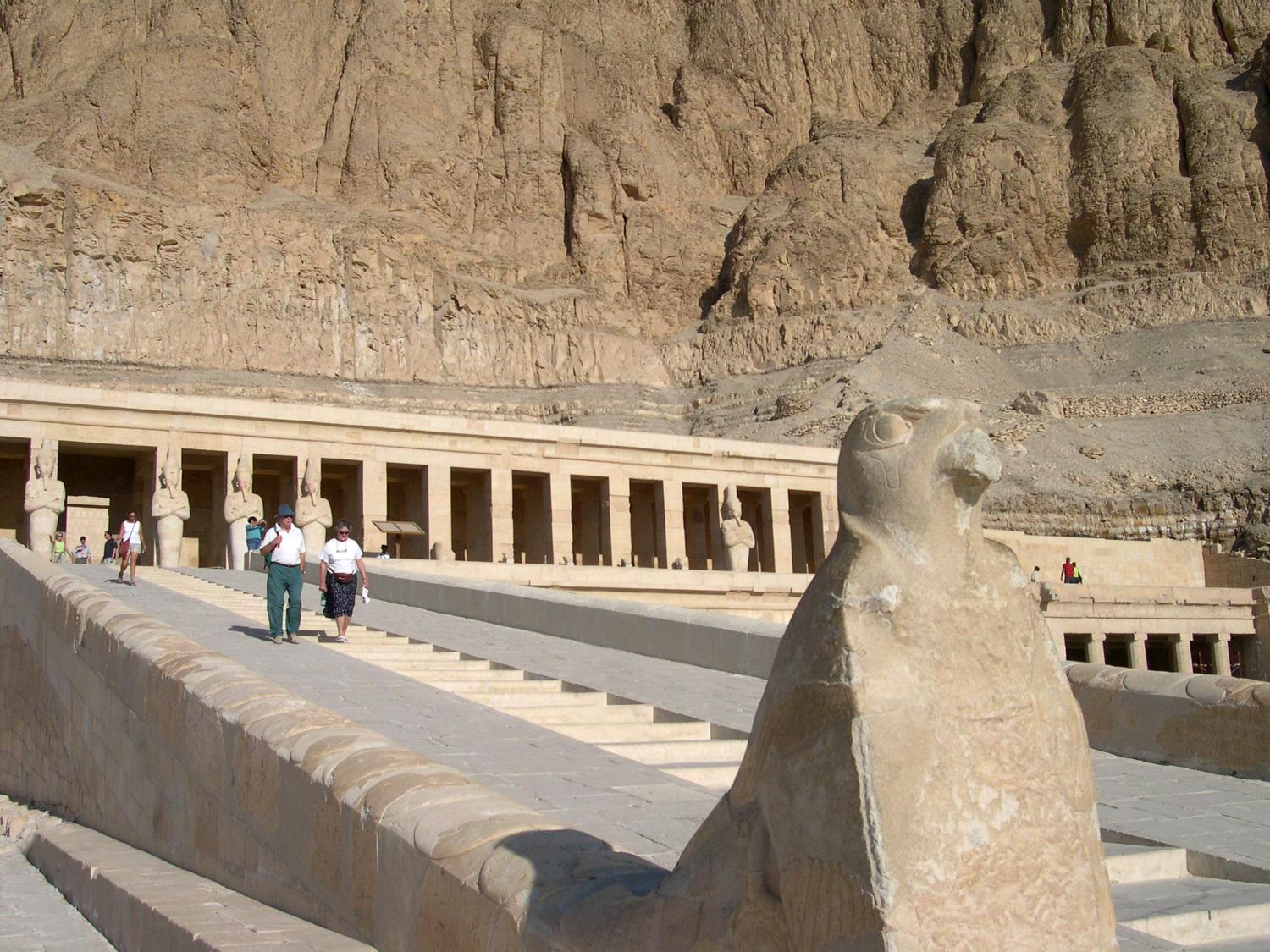 Stairway and ramp leading up to Hatshepsut's temple at Deir el-Bahri. Hatshepsut lived between 1508-1458 B.C. She was the eldest daughter of Pharaoh Thutmose I and married her half brother, Thutmose II.  When he died, she became pharaoh. Her 22-year reign is known for bringing prosperity to her subjects.