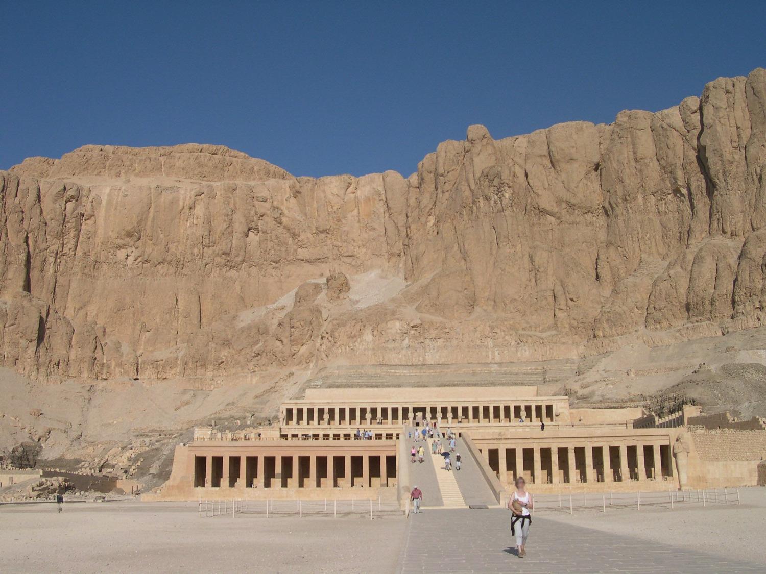 Djeser-Djeseru (the Holy of Holies) is Pharaoh Hatshepsut's mortuary temple in the temple complex of Deir el-Bahri near Luxor. Pharaohs of the 11th and 18th Dynasty's built their temples here. Hatshepsut's temple (the best preserved) was built into the cliff side on top of a series of colonnaded terraces in the classical Theban form; it includes a pylon, courts, a hypostyle hall, sun court, chapel, and sanctuary. 