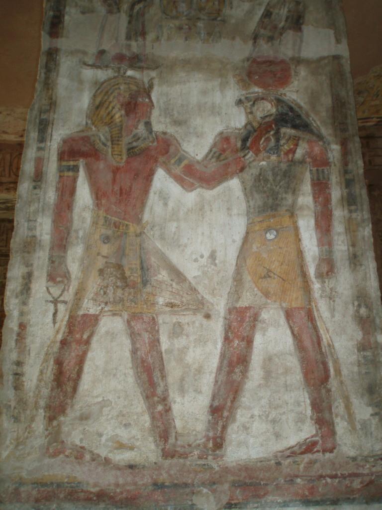 Relief at the Temple of el Derr showing Ramses II and the god, Ra-Harakhte (Ra and Horus).  