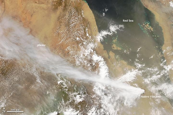 The stratovolcano, Nabro, rumbled to life on 12 June 2011, following a series of earthquakes. This satellite image was taken the following day. There had been no previous historical reports of eruptions at Nabro. Photo courtesy of NASA.