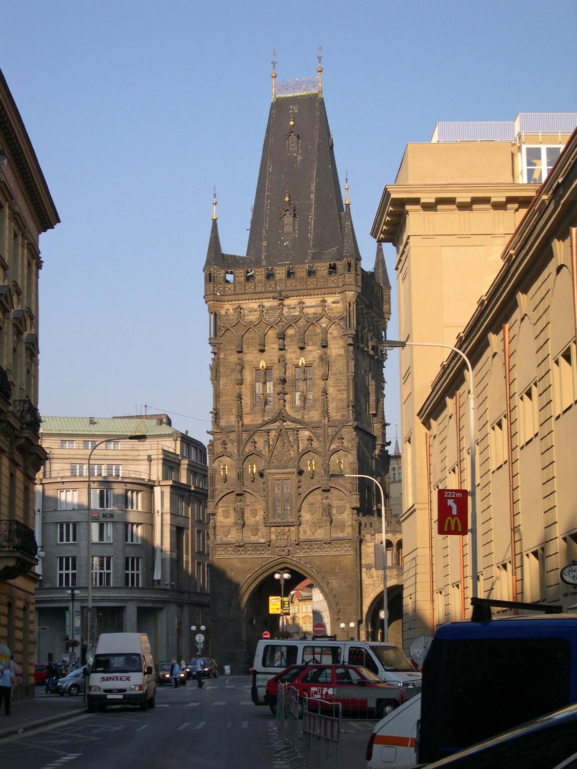 The Gothic Powder Tower in Prague, dating to 1475, is at the site of an 11th century gate - one of the city's 13 medieval gates. Originally connected - via a small bridge - to the royal palace, it eventually lost its importance and by the 17th century was being used to store gunpowder, hence its name. 