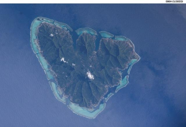 The tropical island of Moorea as viewed from the International Space Station. The barrier reefs surrounding the island create zones of shallow, tranquil light blue waters. Image courtesy of NASA. 