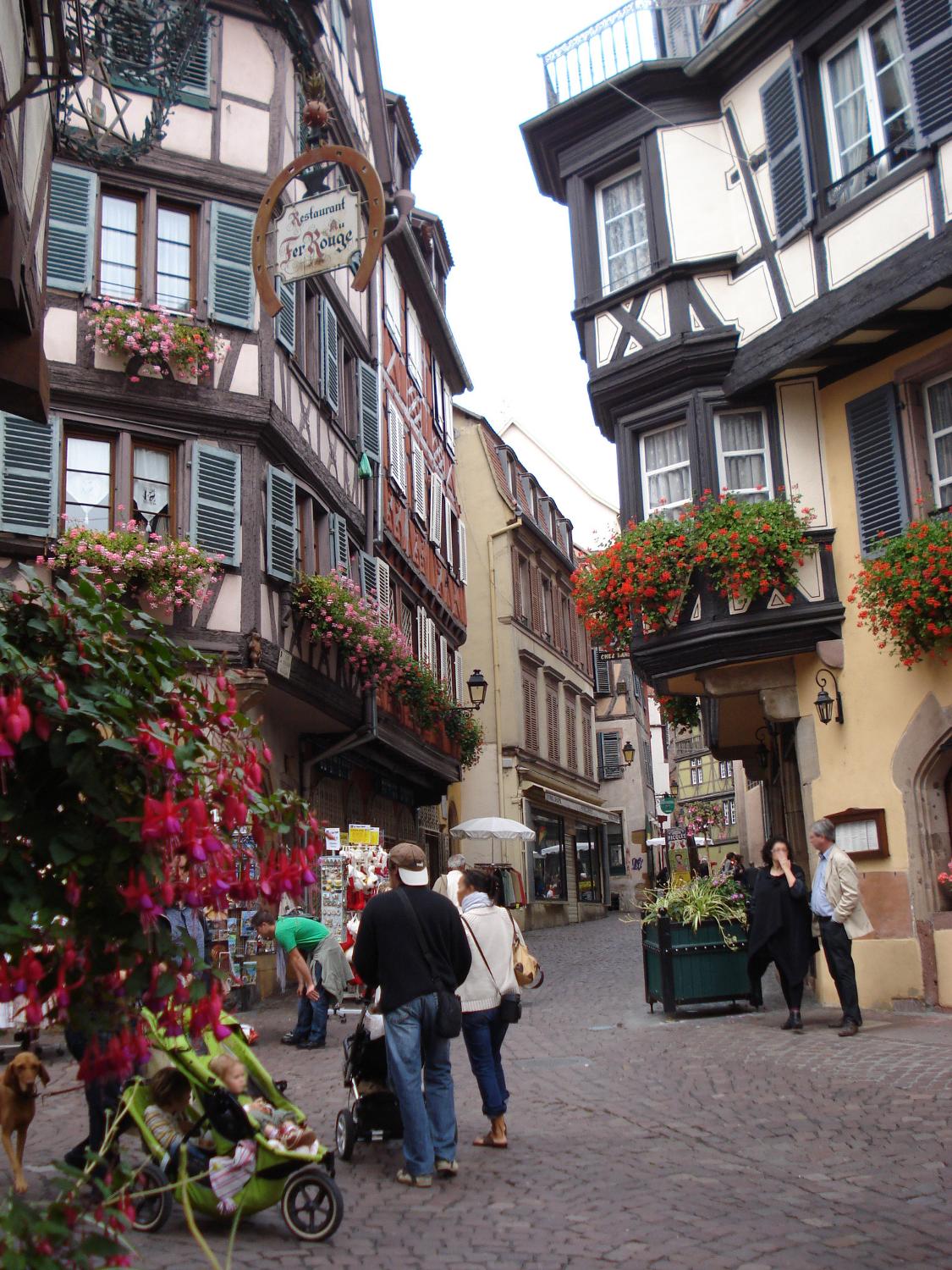 Half timbered houses along a shopping street in old Colmar. 