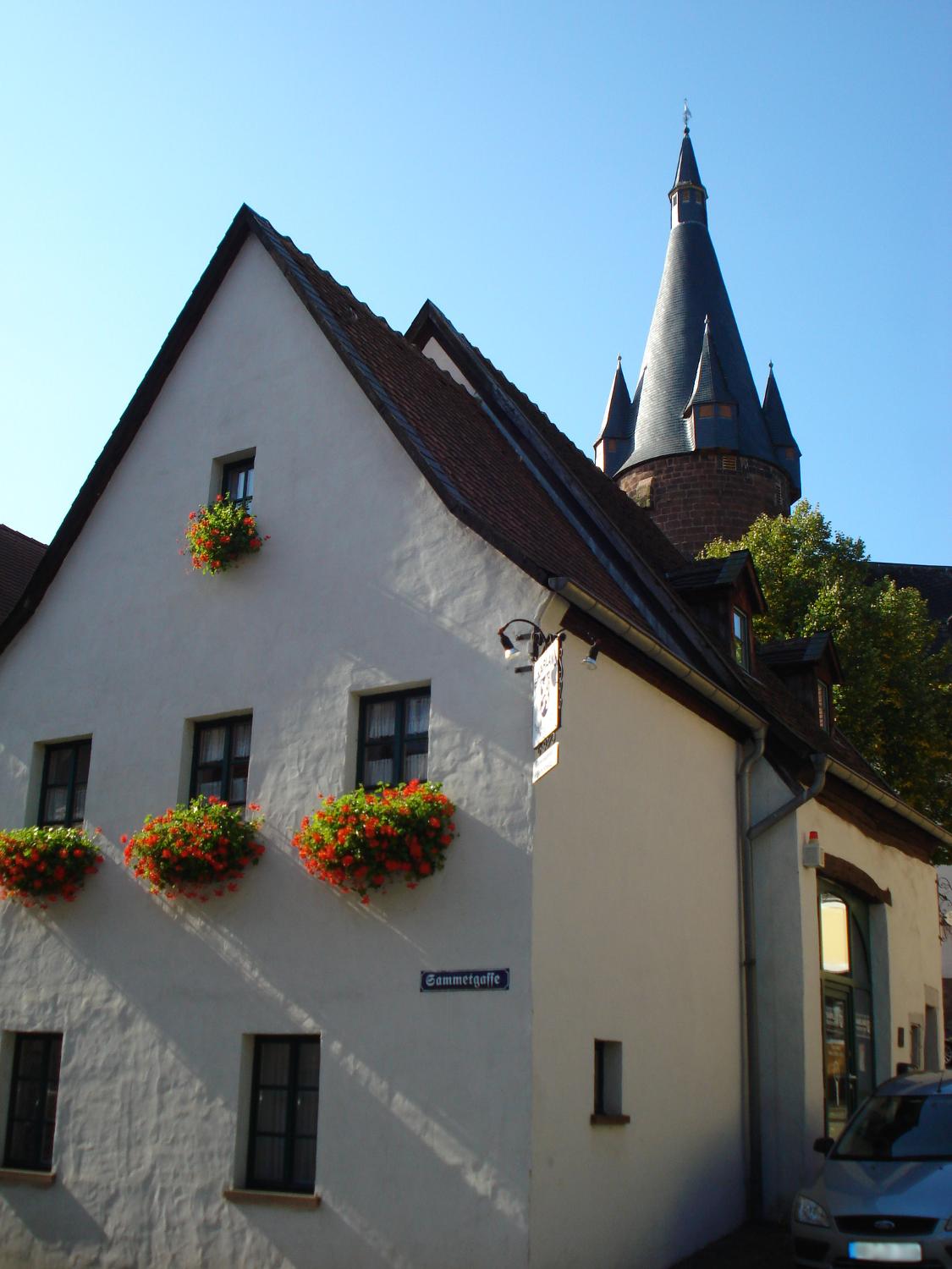 Flower boxes overlook a street in Ottweiler, a town in the Saarland region that dates back to the late 14th century.  In the second half of the 18th century Ottweiler was renowned for its fine white porcelain, but the industry closed and today Ottweiler porcelain is some of the rarest in the world.