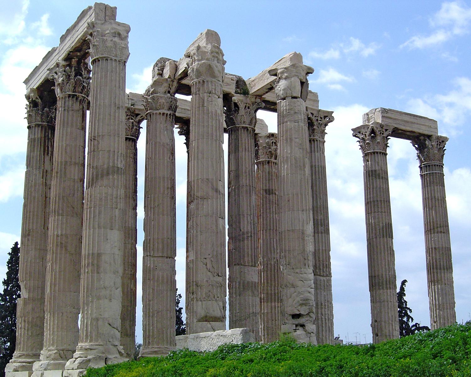 Thirteen of the columns of the Temple of Olympian Zeus (Olympieion) in Athens. Originally, 104 columns supported this massive structure, which was begun in 520 B.C. but not fully completed until A.D. 132!