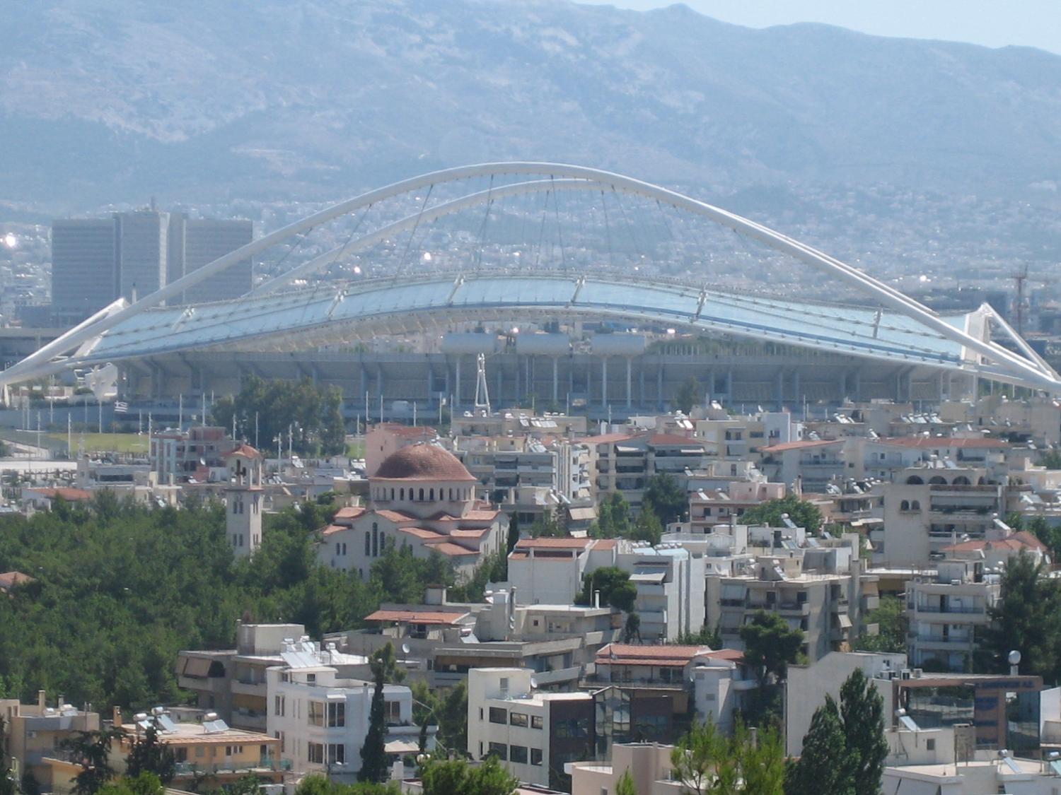 A view of the Olympic Stadium in Athens. Constructed between 1980 and 1982, it was renovated prior to the 2004 Olympic Games. The stadium's capacity is slightly over 71,000.