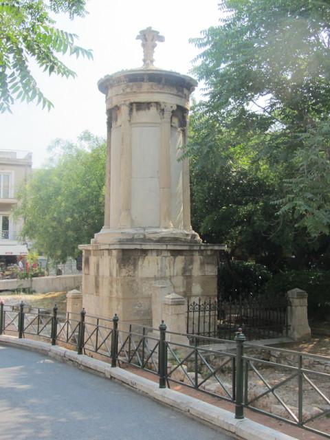 The Lysikrates Monument in Athens. The Choragic Monument of Lysicrates was built in 335 to 334 B.C. to commemorate the award of first prize to one of the performances he had sponsored. It stands alongside an ancient street that once led to the Theater of Dionysus and was lined with choragic monuments. (A choregos was a sponsor who paid for and supervised the training of dramatic dance choruses.) The Lysikrates Monument is the only one still standing in part because it was incorporated within the walls of a Capuchin monastery in 1658.