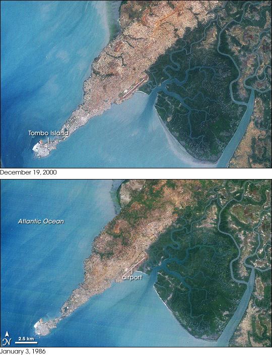 Africa's coastal country of Guinea is nicknamed the 'water tower of Africa,' thanks to the more than 20 rivers originating inside its borders, as well as its relatively high precipitation. The city of Conakry originated on Tombo Island and spread up the Kaloum Peninsula, sandwiched between mangrove swamps. In the 1960s, the city had a population of fewer than 40,000; in 2006, it had a population of nearly 2 million. In these true-color satellite images, water ranges in color from deep to pale blue, vegetation appears dark green, and bare ground and urbanized areas range in color from gray to beige to reddish-brown. Photo courtesy of NASA.
