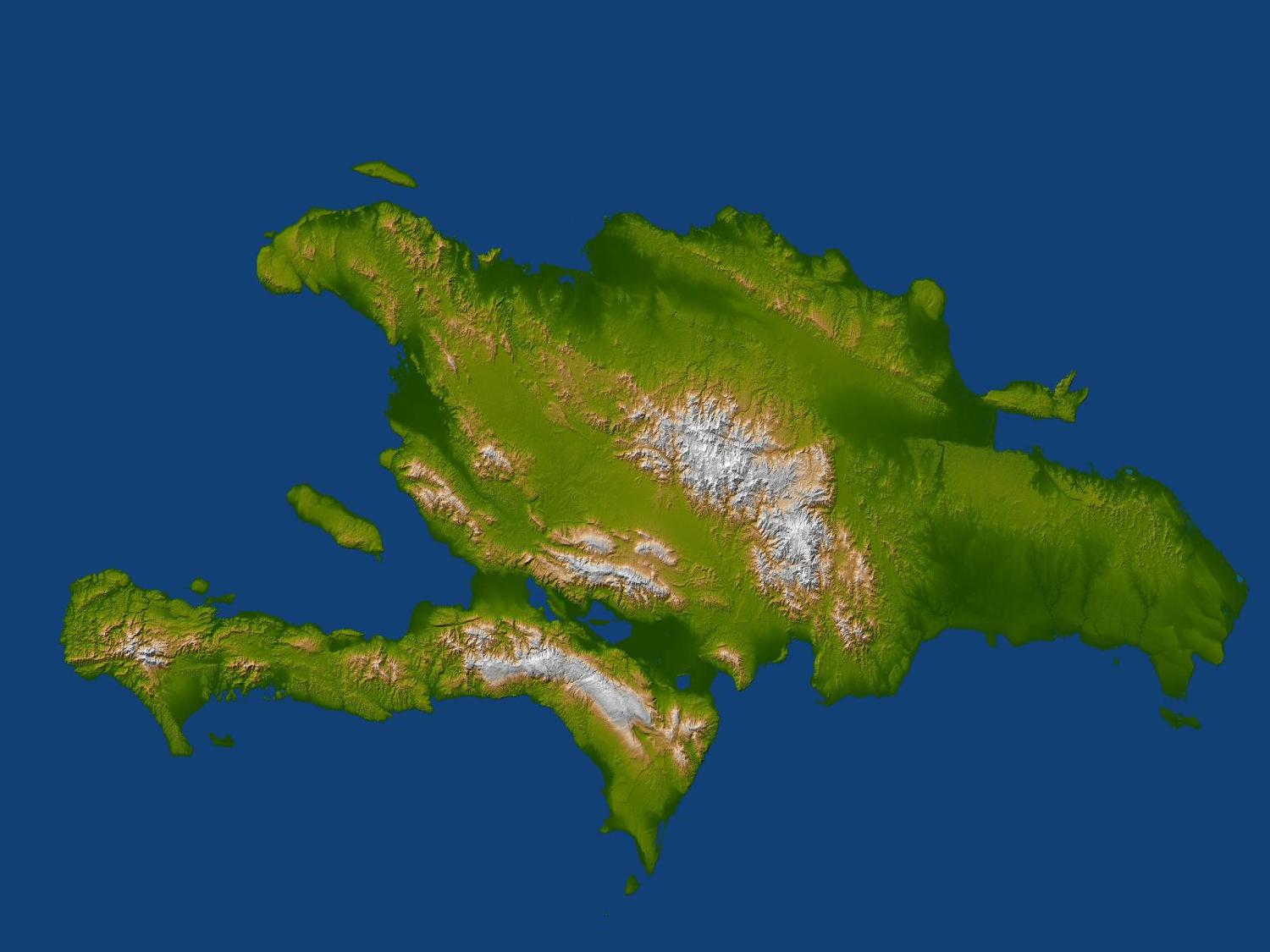 Satellite radar topographic view of the island of Hispaniola. The devastating earthquake at Port-au-Prince, Haiti, on 12 January 2010, occurred on the Enriquillo-Plantain Garden fault, visible here as a prominent linear landform immediately southwest of the city of Port-au-Prince and as a series of fault traces extending westward along the full length of the southern Tiburon Peninsula. Image courtesy of NASA/JPL/NGA.
