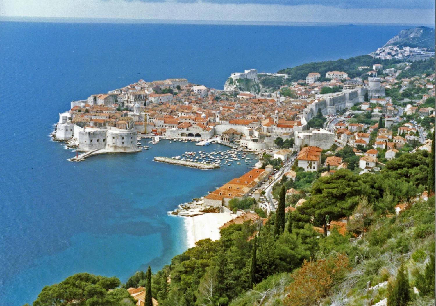 The beautiful port city of Dubrovnik on the Adriatic Sea. During the Middle Ages this maritime city-state (then called Ragusa) rivaled Venice for supremacy in the Adriatic. Walking along the crest of the massive walls that encircle most of Dubrovnik is an exhilarating, breathtaking experience. In 1979, the city became a UNESCO World Heritage Site.