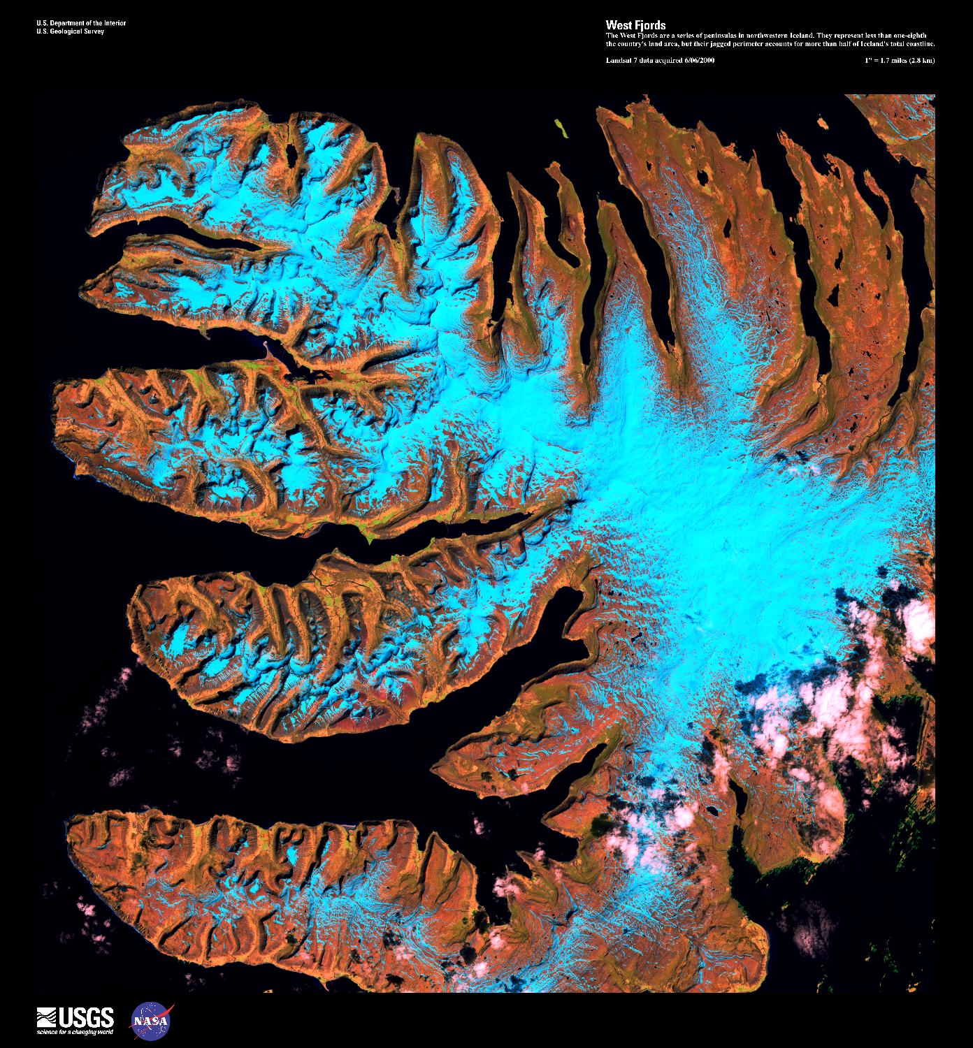 The West Fjords are a series of peninsulas in northwestern Iceland, shown in this false-color satellite image. They represent less than one-eighth the country's land area, but their jagged perimeter accounts for more than half of Iceland's total coastline. Black areas represent the sea; light blue snow and ice. Image courtesy of USGS.