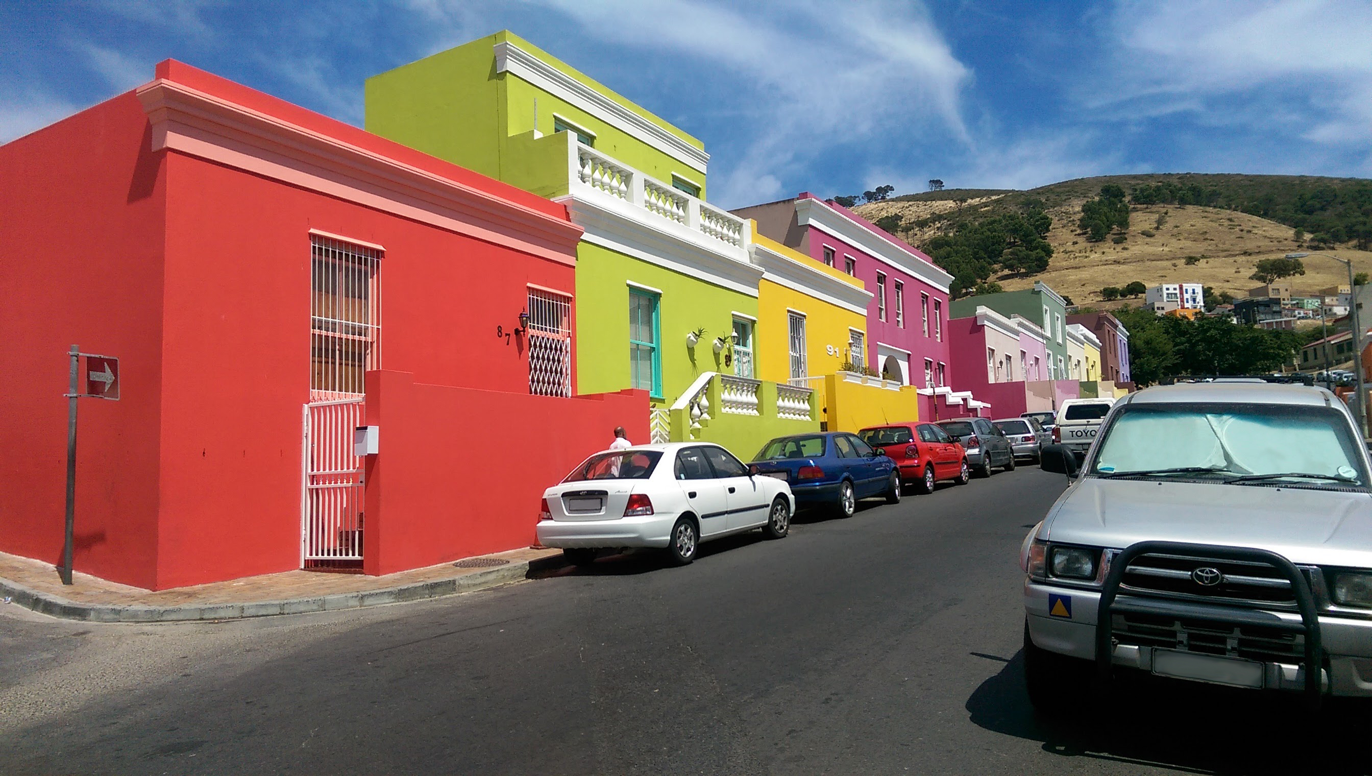Buildings in the Bo-Kaap District in Cape Town with very brightly painted exteriors. 