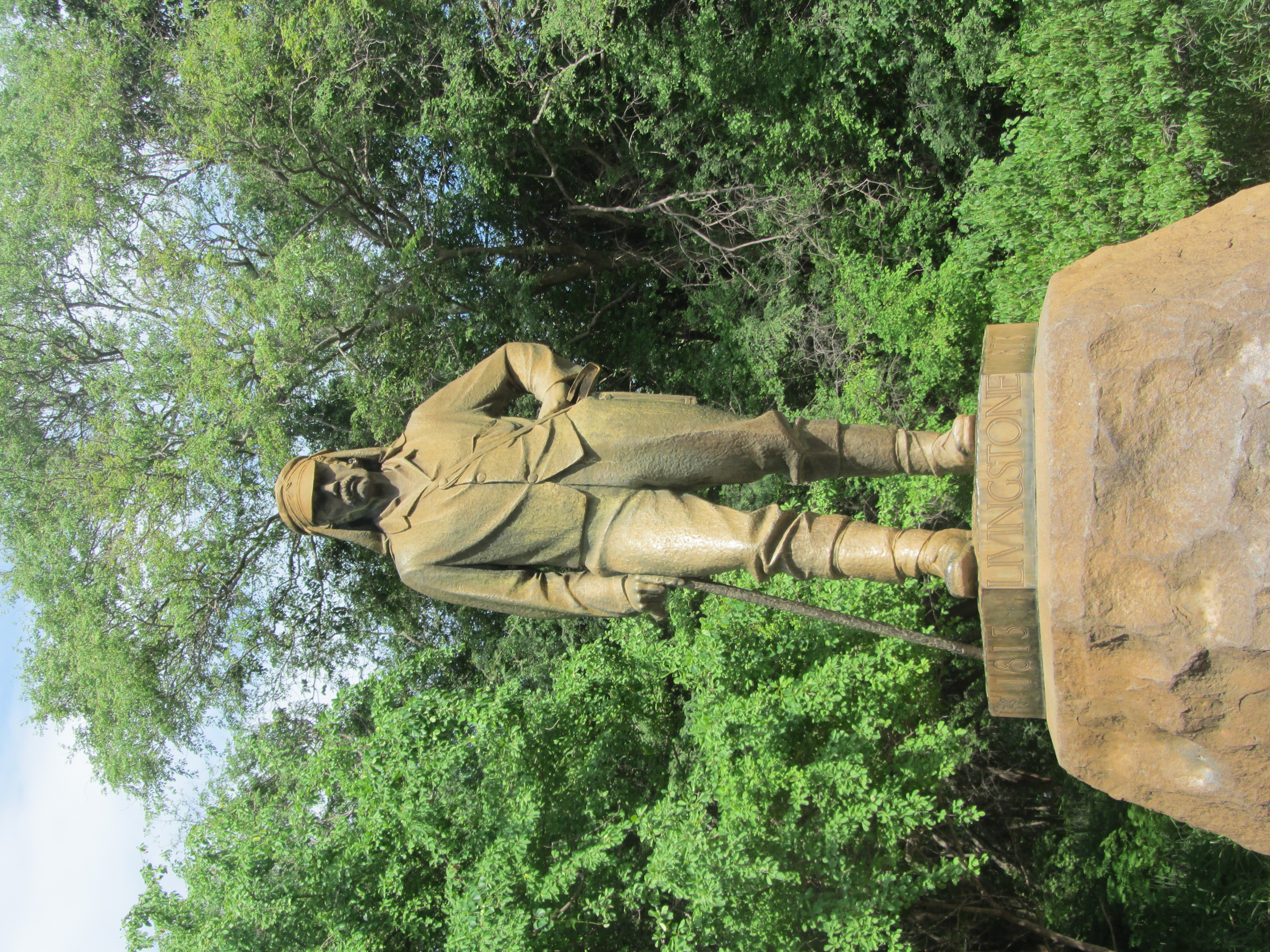 The David Livingstone Memorial at Victoria Falls, on the Zimbabwe side. Livingstone, an explorer, missionary, and anti-slavery crusader, was the first European to see the falls on 16 November 1855.
