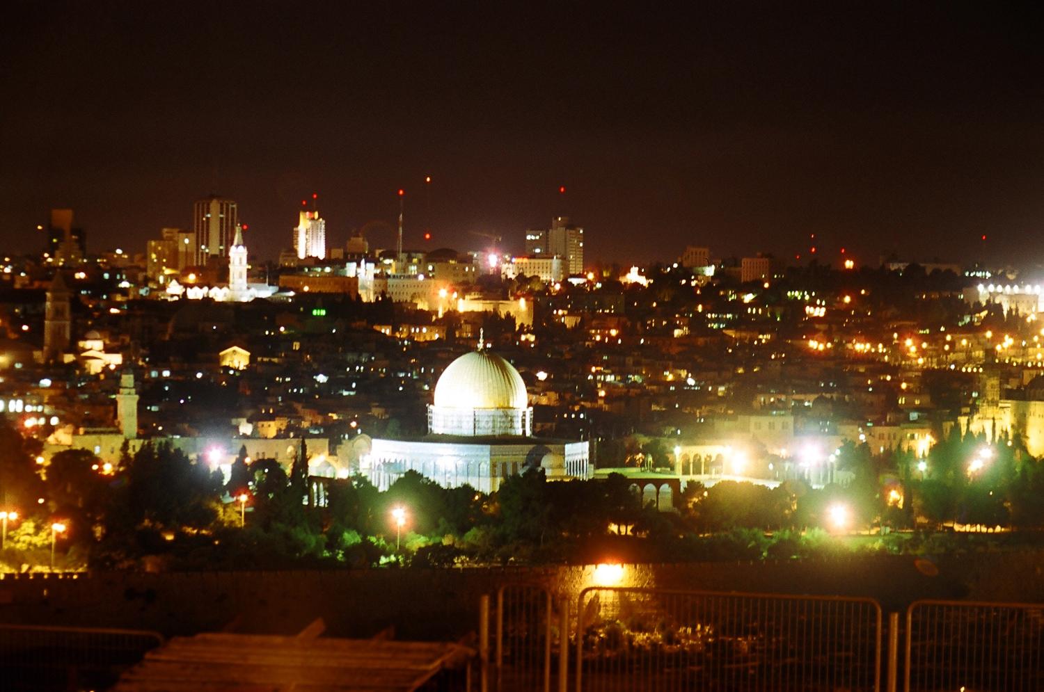 A nighttime view of Jerusalem and Israeli-occupied East Jerusalem, taken from the Mount of Olives. 