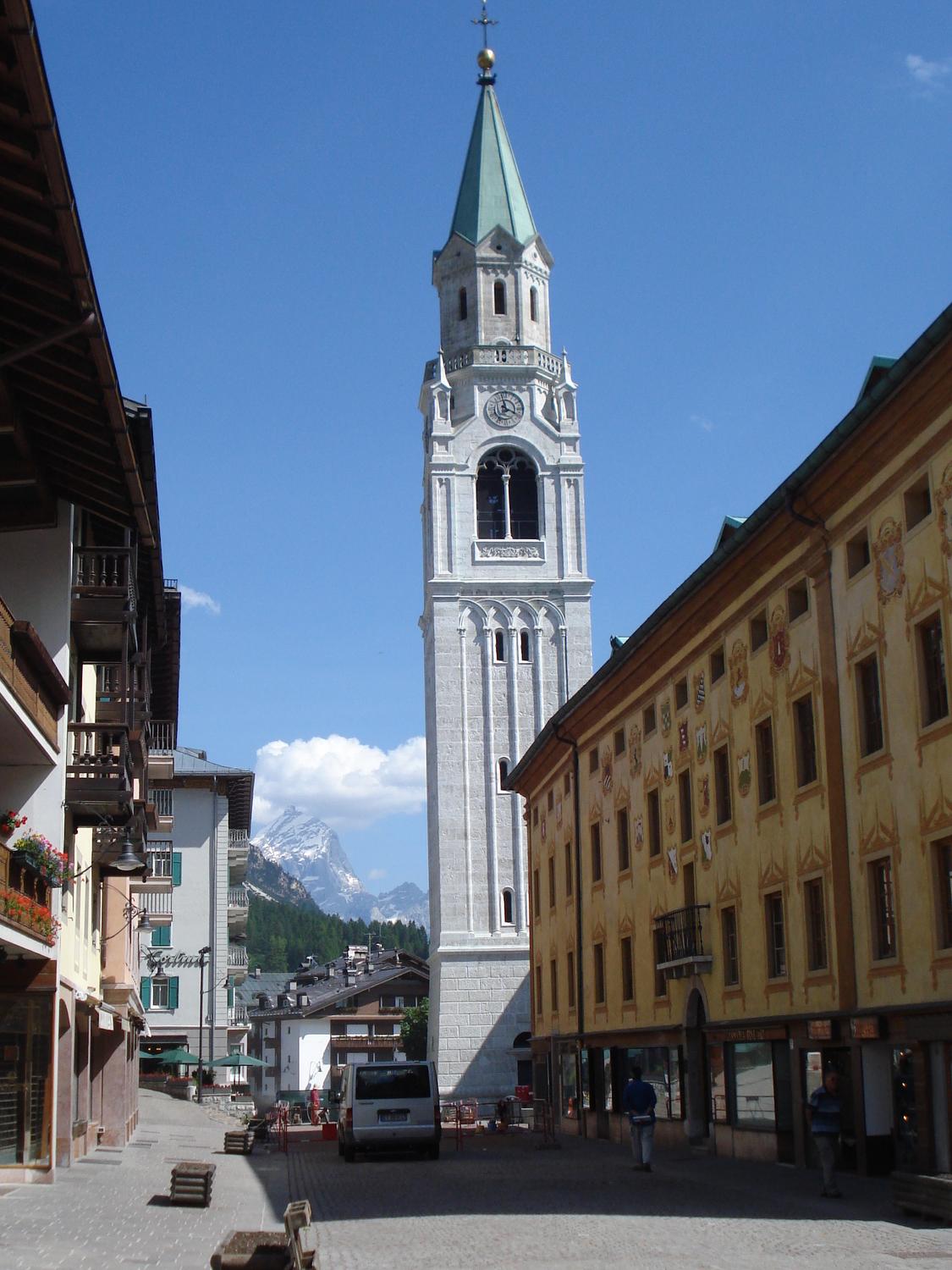 The Church of Sts. Philip and James in Cortina was completed in 1775; its tower was built between 1851 and 1858.