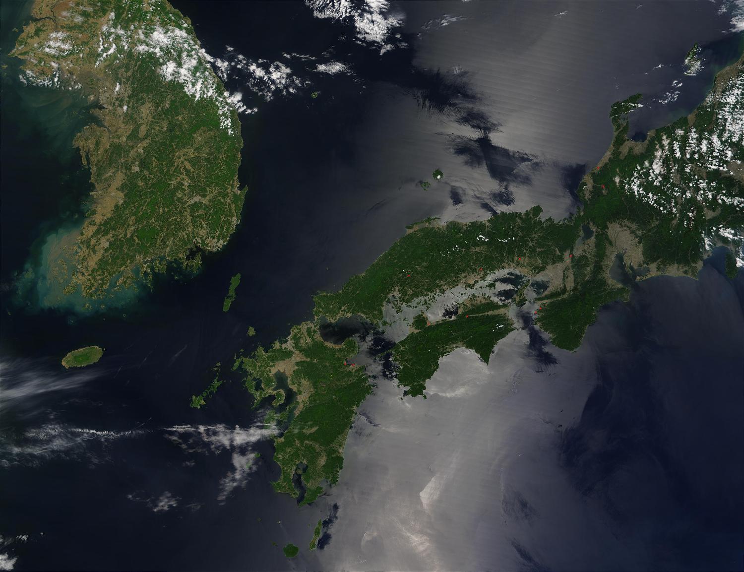 Satellite image shows North and South Korea (upper left) as well as the Japanese island of Shikoku, nestled between Kyushu to the southwest and Honshu to the north. Photo courtesy of NASA. 