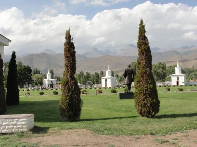 A view of the Tien Shan Mountains from an open air museum in Chopa Ata on Lake Ysyk Kol.
