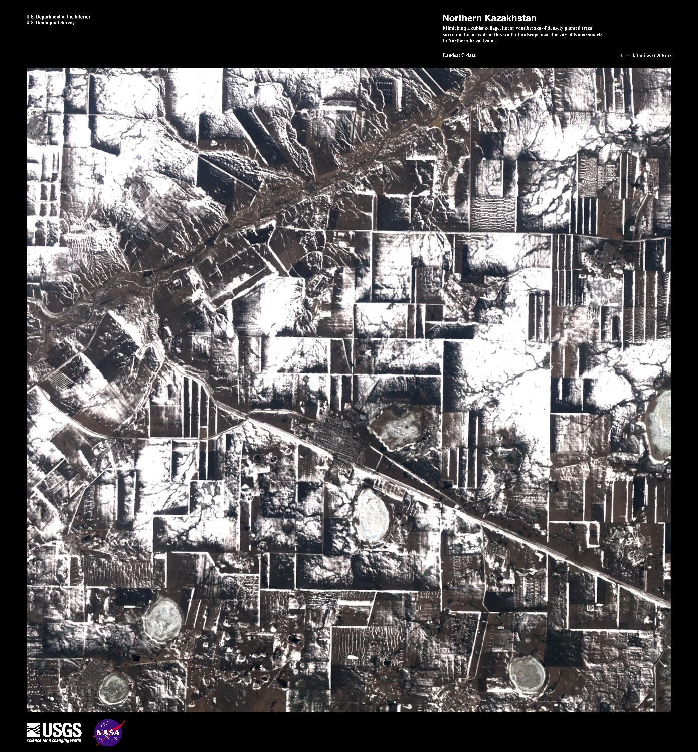 Mimicking a cubist collage, linear windbreaks of densely planted trees surround farmsteads in this winter landscape near the city of Komsomolets in northern Kazakhstan. Image courtesy of USGS.