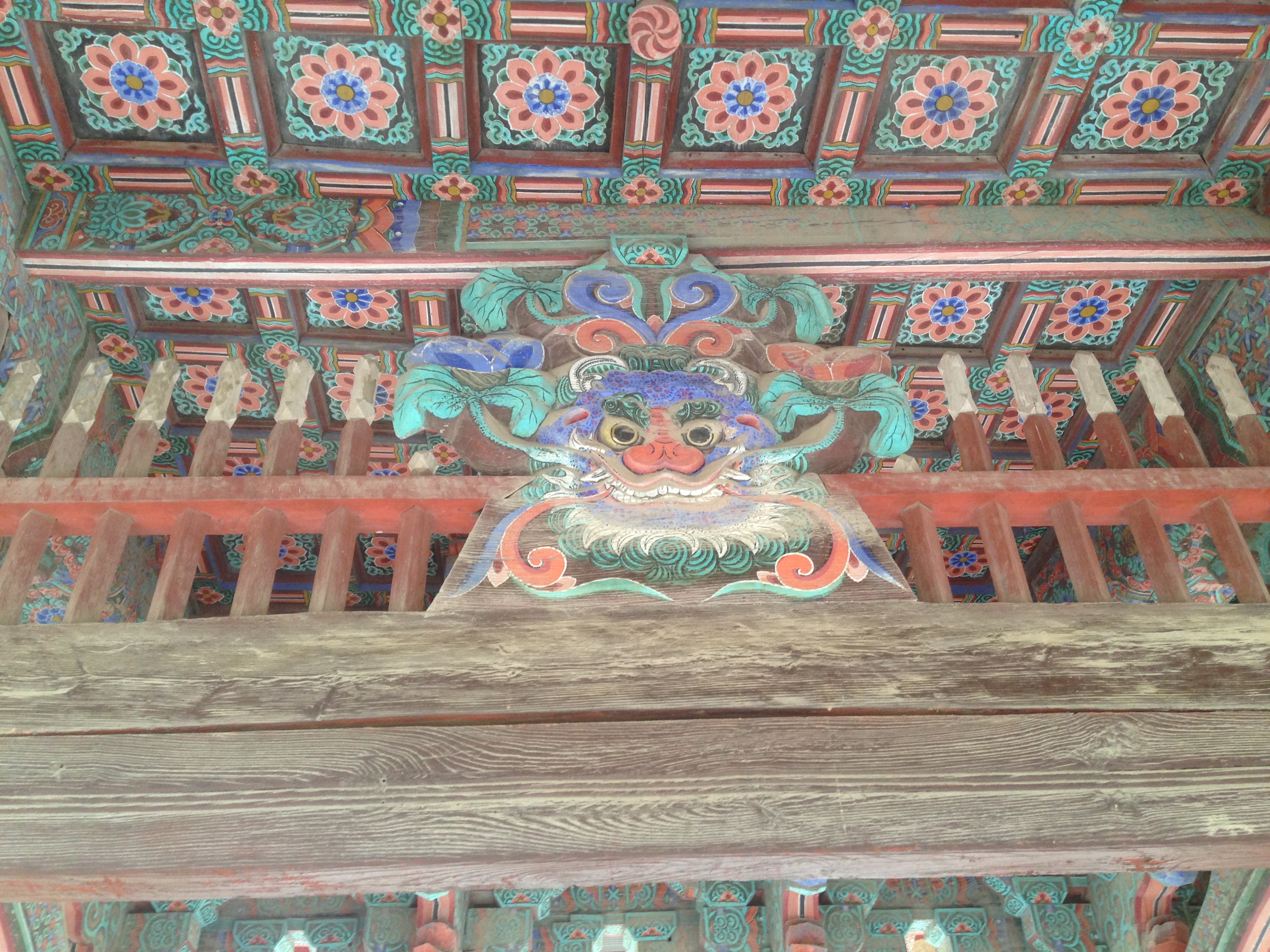 Detail of some of the elaborate carving and painting at Bulguksa Temple. 