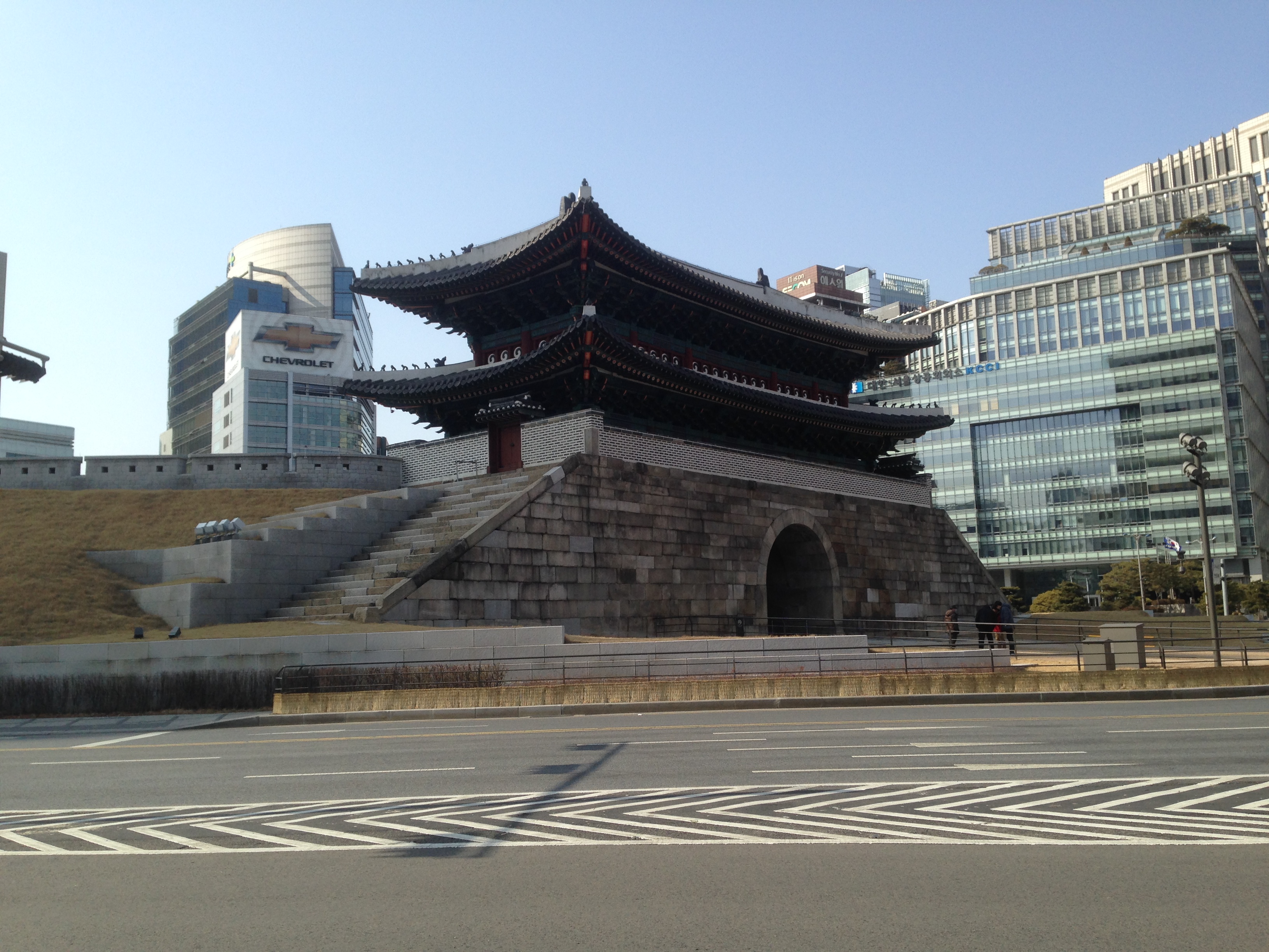 Namdaemun (Sungnyemun) in Seoul was the "Great Southern Gate" in the walls that once surrounded the city. This view was taken after the restoration of the upper wooden section that was destroyed in a 2008 fire. 